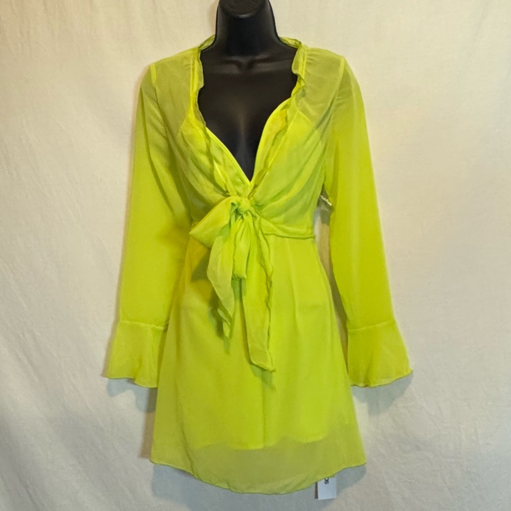 H-162 ASOS Design NWT Lime Green Sheer Lined Long Bell Sleeve MIDI Dress Size 4